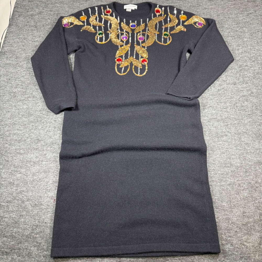 Outlander Black Embellished Sequin Gem Knit‎ Sweater Dress Long Sleeve Size L